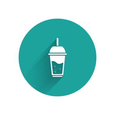 Uzun gölge ile izole saman simge içme ile limonata beyaz cam. Yeşil daire düğmesi. Vektör Illustration