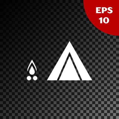 Beyaz turist çadır ahşap Yangın simgesi şeffaf koyu arka planda izole. Kamp sembolü. Vektör Illustration