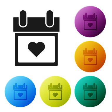 Siyah takvim beyaz arka planda izole kalp simgesi ile. Sevgililer günü. Aşk sembolü. 14 Şubat. Simgeler renkli daire düğmelerini ayarlayın. Vektör Illustration