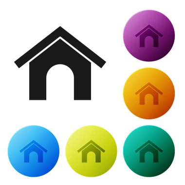 Siyah köpek evi simgesi beyaz arka planda izole. Köpek kulübesi. Simgeler renkli daire düğmelerini ayarlayın. Vektör Illustration