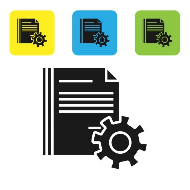Beyaz arka planda izole edilen vites simgesiyle siyah belge ayarları. Yazılım güncellemesi, Transfer Protokolü, takım çalışması aracı yönetimi. Set simgeleri renkli kare düğmeler. Vektör Illustration