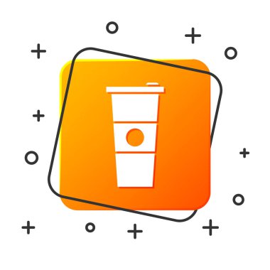 Beyaz kağıt cam ve su simgesi beyaz arka planda izole. Soda içecek bardağı. Taze soğuk içecek sembolü. Turuncu kare düğmesi. Vektör Illustration