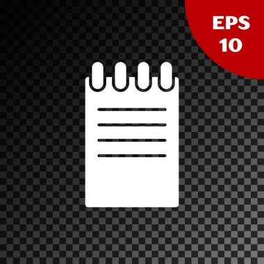 Beyaz Notebook simgesi şeffaf koyu arka planda yalıtılmış. Sarmal Not defteri simgesi. Okul defteri. Yazı defteri. İş için günlük. Defter kapak tasarımı. Vektör Illustration