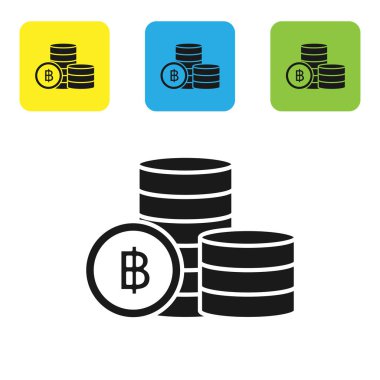 Siyah cryptocurrency sikke Bitcoin simgesi beyaz arka planda izole. Blockchain teknolojisi, Bitcoin, dijital para piyasası, kripoin cüzdanı. Set simgeleri renkli kare düğmeler. Vektör Illustration
