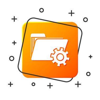 Beyaz arka planda yalıtılmış dişliler simgesine sahip beyaz klasör ayarları. Yazılım güncellemesi, Transfer Protokolü, takım çalışması aracı yönetimi. Turuncu kare düğmesi. Vektör Illustration