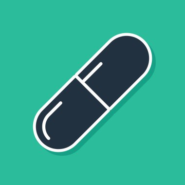 Mavi tıp hap veya Tablet simgesi yeşil arka planda izole. Kapsül hap ve uyuşturucu işareti. Eczane tasarımı. Vektör Illustration