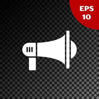 Beyaz megafon simgesi şeffaf koyu arka planda izole. Yüksek sesle konuşma uyarısı kavramı. Ağızlık için Bullhorn çığlık promosyonu. Vektör Illustration