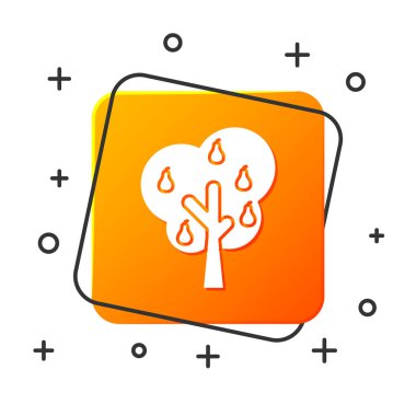 Beyaz Ağaç, armut simgesiyle beyazın arka planında izole edilmiştir. Tarım fabrikası. Organik çiftlik ürünü. Bahçe teması. Turuncu kare düğmesi. Vektör Illustration