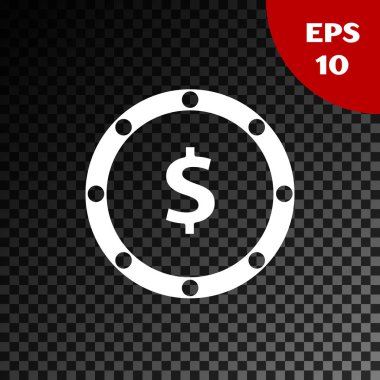Şeffaf koyu arka planda izole dolar sembol simgesi ile beyaz sikke para. Bankacılık para birimi işareti. Nakit sembolü. Vektör Illustration