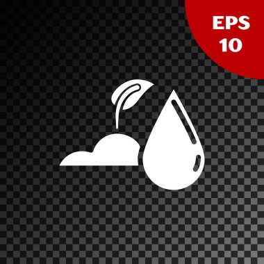 Beyaz sulama filiz simgesi şeffaf koyu arka planda izole. Tohum ve fide. Sulama sembolü. Yaprak doğası. Vektör Illustration