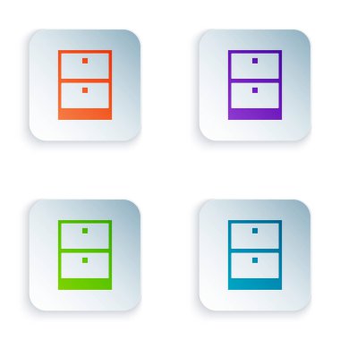 Renkli arşiv kağıtları çekmece simgesi beyaz arka planda izole. Evrak çekmecesi. Dosya dolabı çekmecesi. Ofis mobilyaları. Renkli kare düğmeleri simgeleri ayarlayın. Vektör Illustration