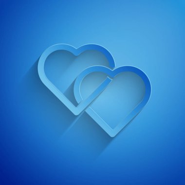 Kağıt, mavi arka planda yalıtılmış Iki bağlantılı Hearts simgesini kesti. Romantik sembol bağlı, katılmak, tutku ve düğün. Sevgililer günü sembolü. Kağıt sanatı tarzı. Vektör Illustration