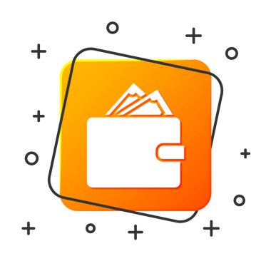 Beyaz cüzdan yığınları kağıt para nakit simgesi beyaz arka planda izole. Cüzdan simgesi. Nakit tasarruf sembolü. Turuncu kare düğmesi. Vektör Illustration