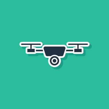 Mavi drone eylem video kamera simgesi yeşil arka planda izole ile uçan. Video ve fotoğraf kamera sembolü ile quadrocopter. Vektör Illustration