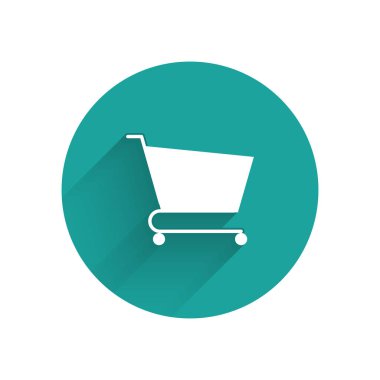 Uzun gölgeli beyaz alışveriş arabası ikonu. İnternetten satın alma konsepti. Servis tabelası. Süpermarket sepeti sembolü. Yeşil daire düğmesi. Vektör İllüstrasyonu