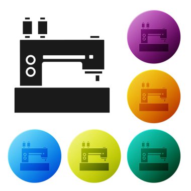 Siyah dikiş makinesi simgesi beyaz arka planda izole. Simgeler renkli daire düğmelerini ayarlayın. Vektör Illustration
