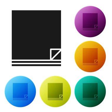 Siyah dosya belge simgesi beyaz arka planda yalıtılmış. Kontrol listesi simgesi. İş konsepti. Simgeler renkli daire düğmelerini ayarlayın. Vektör Illustration