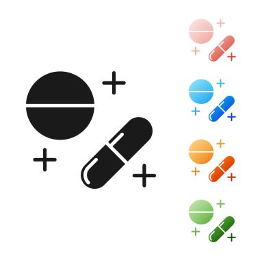 Siyah Tıp hapı veya tablet simgesi beyaz arka plan üzerinde izole. Kapsül hapı ve ilaç işareti. Eczane tasarımı. Simgeleri renkli ayarlayın. Vektör İllüstrasyonu