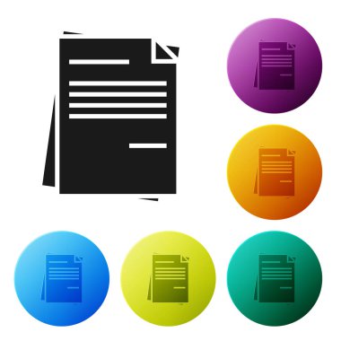Siyah dosya belge simgesi beyaz arka planda yalıtılmış. Kontrol listesi simgesi. İş konsepti. Simgeler renkli daire düğmelerini ayarlayın. Vektör Illustration