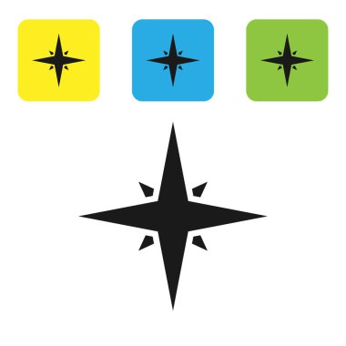 Siyah rüzgar beyaz arka planda izole simgesi yükseldi. Seyahat için pusula simgesi. Navigasyon tasarımı. Set simgeleri renkli kare düğmeler. Vektör Illustration