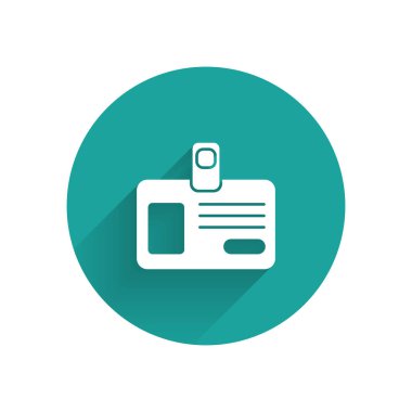 Beyaz tanımlama rozeti simgesi uzun gölge ile yalıtılmış. Bu sunum, şirketin kimliği, reklam için kullanılabilir. Yeşil daire düğmesi. Vektör Illustration