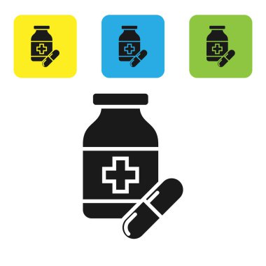 Siyah tıp şişe ve hap simgesi beyaz arka planda izole. Şişe hap işareti. Eczane tasarımı. Set simgeleri renkli kare düğmeler. Vektör Illustration