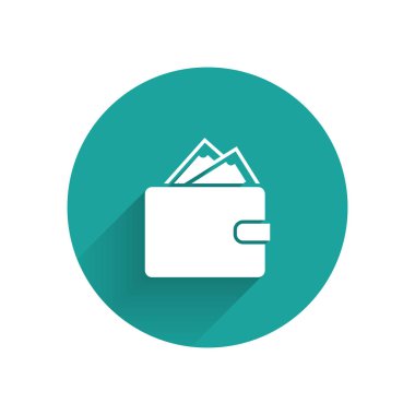 Beyaz cüzdan ile yığınları kağıt para nakit simgesi uzun gölge ile izole. Cüzdan simgesi. Nakit tasarruf sembolü. Yeşil daire düğmesi. Vektör Illustration