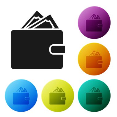 Siyah cüzdan ile yığınları kağıt para nakit simgesi beyaz arka planda izole. Cüzdan simgesi. Nakit tasarruf sembolü. Simgeler renkli daire düğmelerini ayarlayın. Vektör Illustration