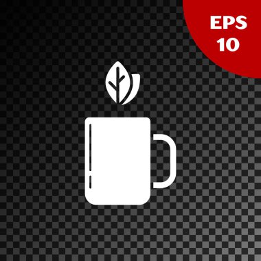 Beyaz fincan çay ve yaprak simgesi şeffaf koyu arka planda izole. Vektör Illustration