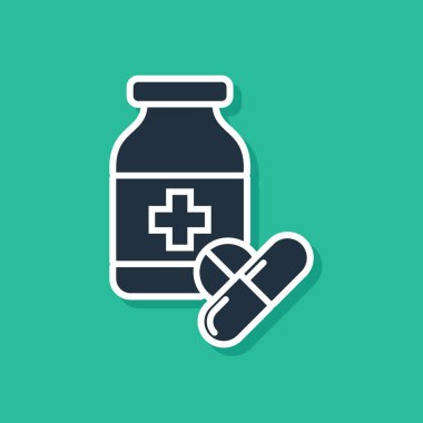 Mavi tıp şişe ve hap simgesi yeşil arka planda izole. Şişe hap işareti. Eczane tasarımı. Vektör Illustration