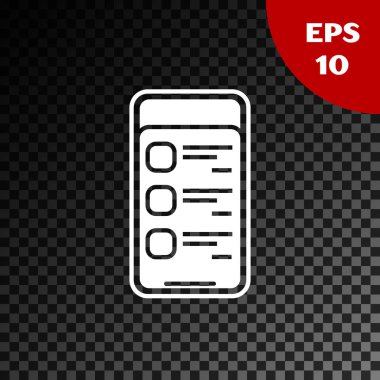 Beyaz online alışveriş cep telefonu simgesi şeffaf koyu arka planda izole. Online satın alma. Internet Mağazası, mobil mağaza uygulaması ve ödemeler faturalandırması. Vektör Illustration