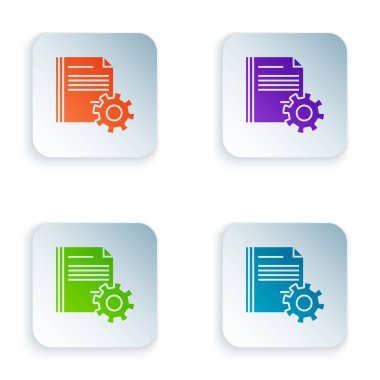 Beyaz arka planda izole edilen vites simgesiyle renkli belge ayarları. Yazılım güncellemesi, Transfer Protokolü, takım çalışması aracı yönetimi. Renkli kare düğmeleri simgeleri ayarlayın. Vektör Illustration