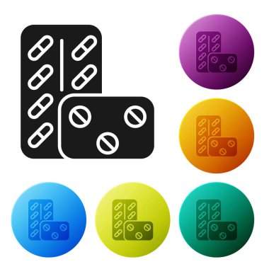 Siyah Pills blister paketi simgesi beyaz arka planda izole. Tablet için tıbbi ilaç paketi: vitamin, antibiyotik, aspirin. Simgeler renkli daire düğmelerini ayarlayın. Vektör Illustration
