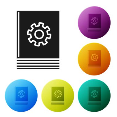 Siyah Kullanıcı manuel simgesi beyaz arka planda yalıtılmış. Kullanım Kılavuzu kitabı. Yönerge işareti. Kullanmadan önce okuyun. Simgeler renkli daire düğmelerini ayarlayın. Vektör Illustration