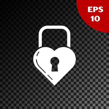 Beyaz Kale şeffaf koyu arka planda izole kalp simgesi şeklinde. Kilitli kalp. Aşk sembolü ve anahtar deliği işareti. Vektör Illustration