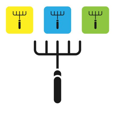 Siyah Bahçe komisyon simgesi beyaz arka planda izole. Bahçecilik, tarım, Tarım için araç. Zemin tohumcu. Temizlik ekipmanları. Set simgeleri renkli kare düğmeler. Vektör Illustration