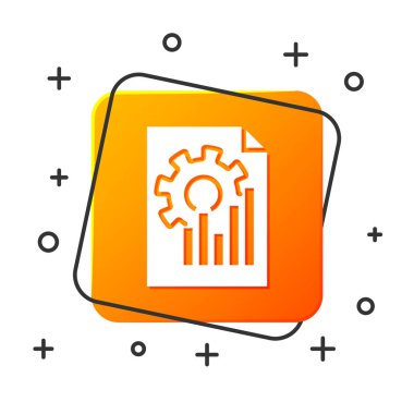 Beyaz Belge grafik grafiği simgesi beyaz arka planda yalıtılmış. Rapor metin dosyası simgesi. Hesap işareti. Denetim, analiz, planlama. Turuncu kare düğmesi. Vektör Illustration