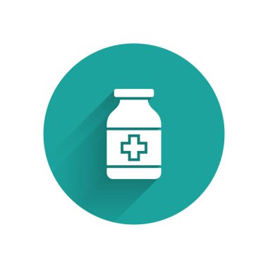 Uzun gölgeli beyaz ilaç şişesi ikonu. Şişe hapı işareti. Eczane tasarımı. Yeşil daire düğmesi. Vektör İllüstrasyonu