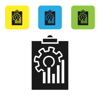 Beyaz arka planda izole grafik grafiği simgesi ile siyah Pano. Rapor metin dosyası simgesi. Hesap işareti. Denetim, analiz, planlama. Set simgeleri renkli kare düğmeler. Vektör Illustration