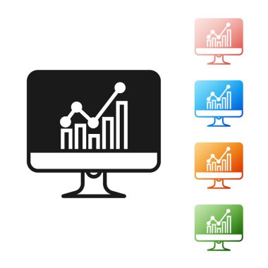 Siyah bilgisayar monitörü grafik grafik simgesi beyaz arka planda yalıtılmış. Rapor metin dosyası simgesi. Hesap işareti. Denetim, analiz, planlama. Simgeler renkli ayarlayın. Vektör Illustration