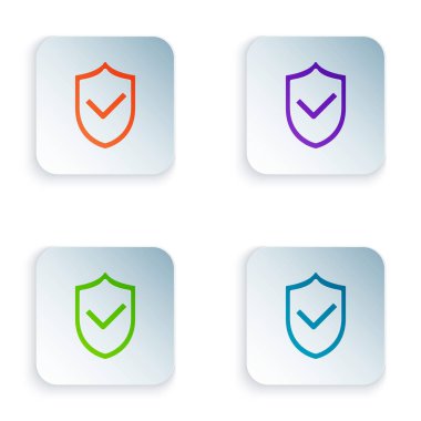 Beyaz arka planda izole edilmiş onay işareti simgesiyle renk kalkanı. Koruma sembolü. Güvenlik denetimi simgesi. Onay işareti onaylı simgesi. Renkli kare düğmeleri simgeleri ayarlayın. Vektör Illustration