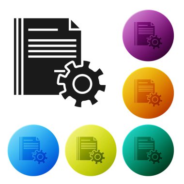 Beyaz arka planda izole edilen vites simgesiyle siyah belge ayarları. Yazılım güncellemesi, Transfer Protokolü, takım çalışması aracı yönetimi. Simgeler renkli daire düğmelerini ayarlayın. Vektör Illustration