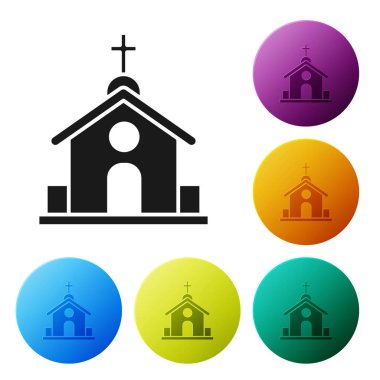 Siyah kilise bina simgesi beyaz arka planda izole. Hıristiyan Kilisesi. Kilise dini. Simgeler renkli daire düğmelerini ayarlayın. Vektör Illustration