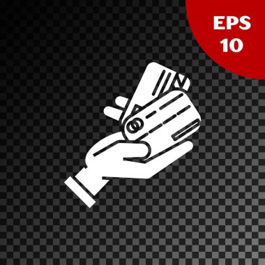 Beyaz ınsan el, şeffaf koyu arka planda izole kredi kartı simgesi ile tutarak. Online ödeme. Kart ile öde. Finansal operasyonlar. Vektör Illustration