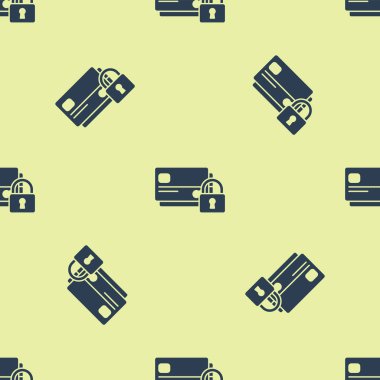 Beyaz arka planda kilit simgesi yalıtılmış Dikişsiz desen ile mavi kredi kartı. Kilitli banka kartı. Güvenlik, emniyet, koruma konsepti. Güvenli ödeme kavramı. Vektör Illustration