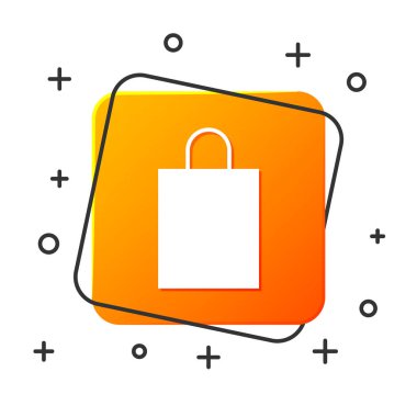 Beyaz Kağıt alışveriş çantası simgesi beyaz arka planda izole. Paket işareti. Turuncu kare düğmesi. Vektör Illustration