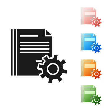 Siyah Belge ayarları beyaz arkaplanda izole edilmiş dişli simgesi. Yazılım güncellemesi, transfer protokolü, takım çalışması araç yönetimi. Simgeleri renklendirin. Vektör İllüstrasyonu