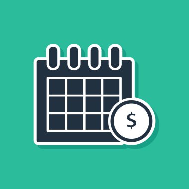 Mavi mali takvim simgesi yeşil arka planda izole. Yıllık ödeme günü, aylık bütçe planlaması, sabit dönem konsepti, kredi süresi. Vektör Illustration