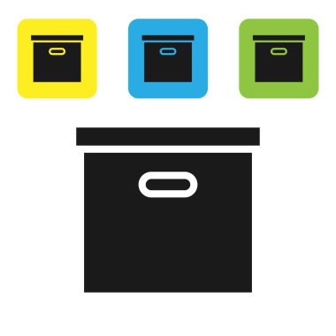 Siyah karton karton kutu simgesi beyaz arka planda izole. Kutu, paket, koli işareti. Teslimat ve paketleme. Ulaşım ve nakliye. Set simgeleri renkli kare düğmeler. Vektör Illustration