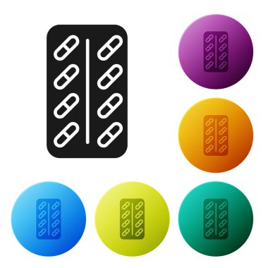 Siyah Pills blister paketi simgesi beyaz arka planda izole. Tablet için tıbbi ilaç paketi: vitamin, antibiyotik, aspirin. Simgeler renkli daire düğmelerini ayarlayın. Vektör Illustration